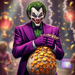 A striking depiction of the Joker character, elegantly dressed in a stylish purple suit, showcasing a sly yet friendly smile that captures his mischievous nature