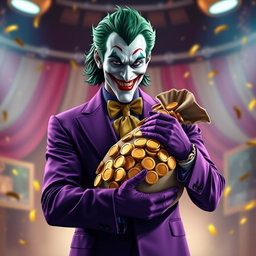 A striking depiction of the Joker character, elegantly dressed in a stylish purple suit, showcasing a sly yet friendly smile that captures his mischievous nature