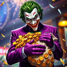 A striking depiction of the Joker character, elegantly dressed in a stylish purple suit, showcasing a sly yet friendly smile that captures his mischievous nature