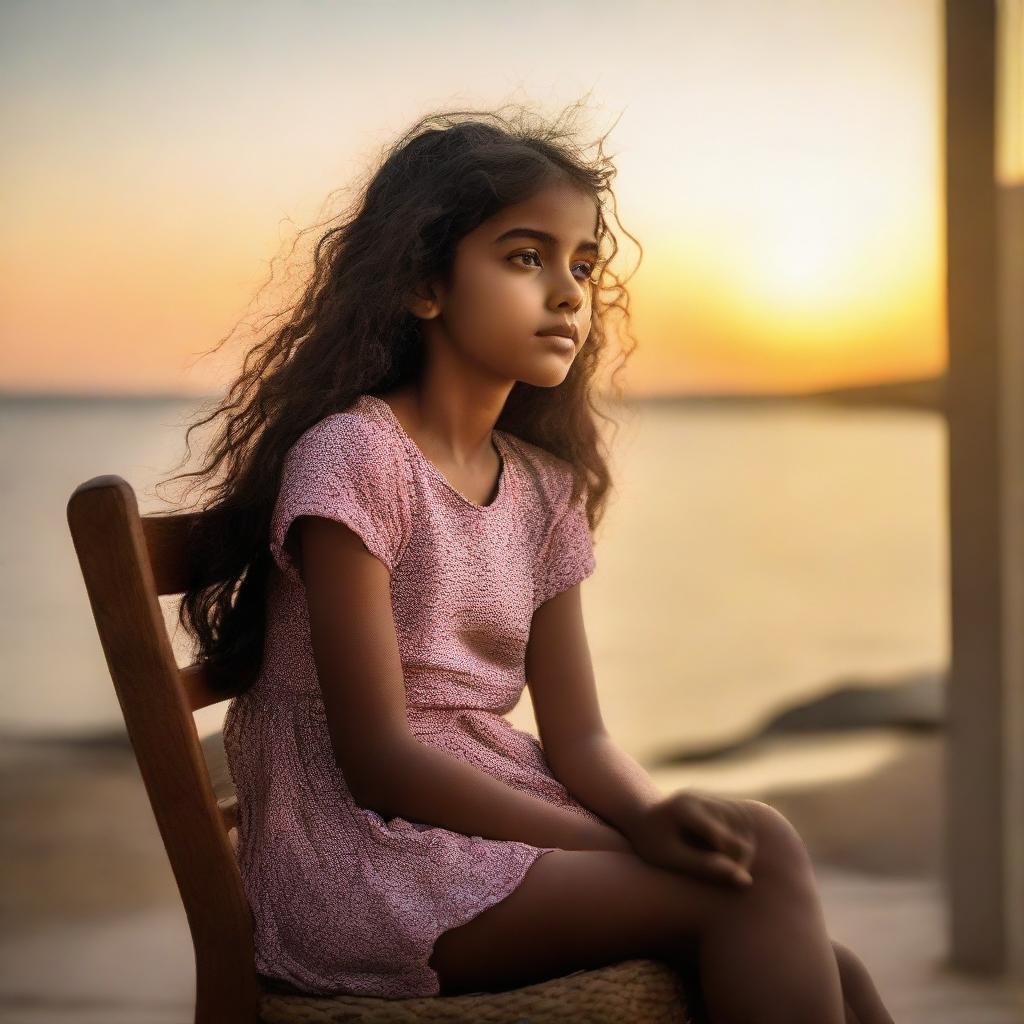 A serene image of a girl named Priya, sitting on a chair and relishing the beautiful view of a sunset. The warm, tranquil end-of-day light reflecting off her calming expression.