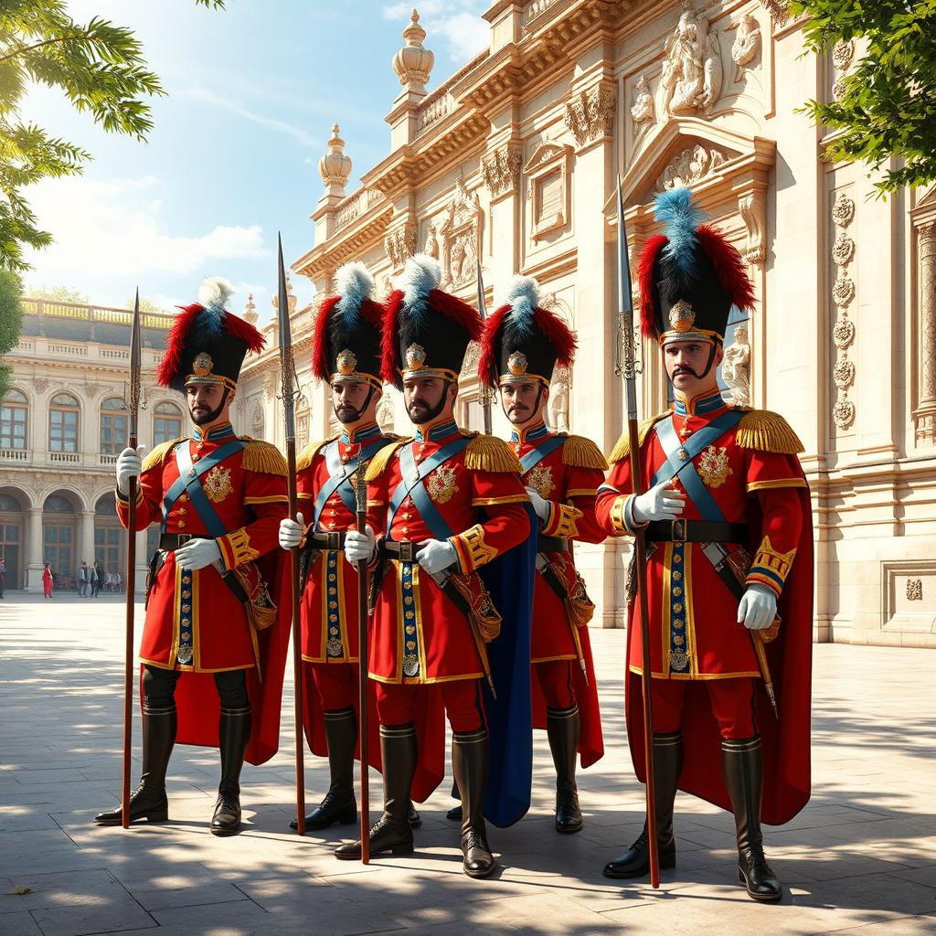 Historical depiction of Portuguese royal guards from the 18th century, showcasing their elaborate uniforms and weapons