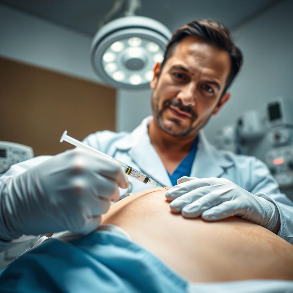 A close-up view of a medical procedure where a doctor is injecting a syringe into the stomach wall of a patient