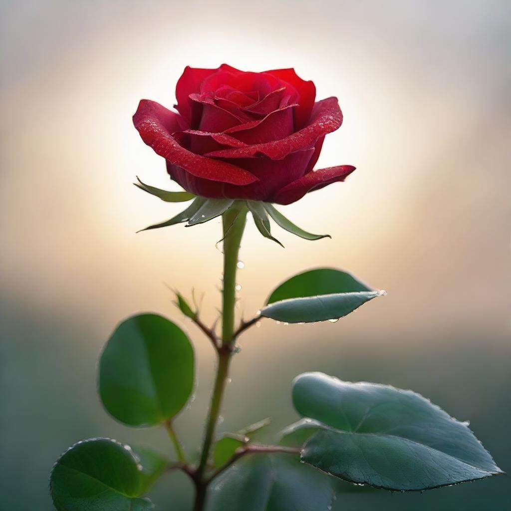 A vibrant red rose with dew drops on its petals, silhouetted against a misty morning sunrise.