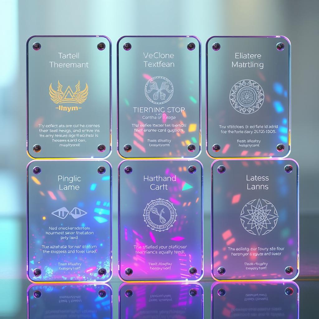 Six futuristic transparent glass cards displaying vibrant holograms, each featuring unique titles, text, and icons with intricate designs