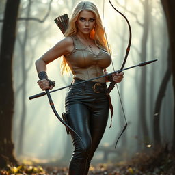 A bright blonde busty female archer standing confidently in an adventurous pose
