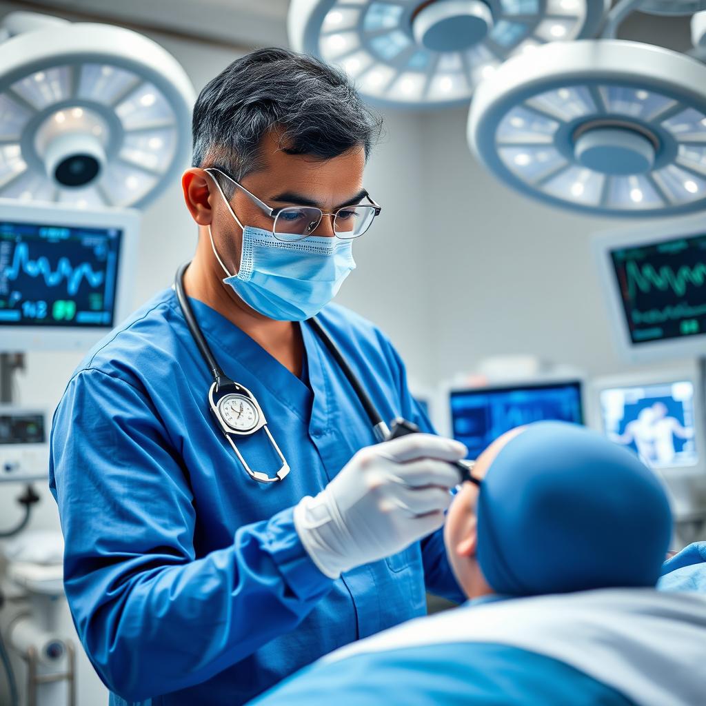 A professional medical scene featuring a doctor performing an endoscopy