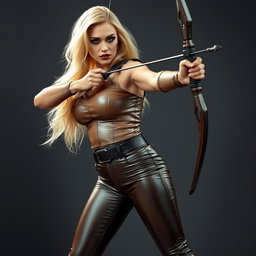 A bright blonde busty archer standing confidently, showcasing her very large breasts