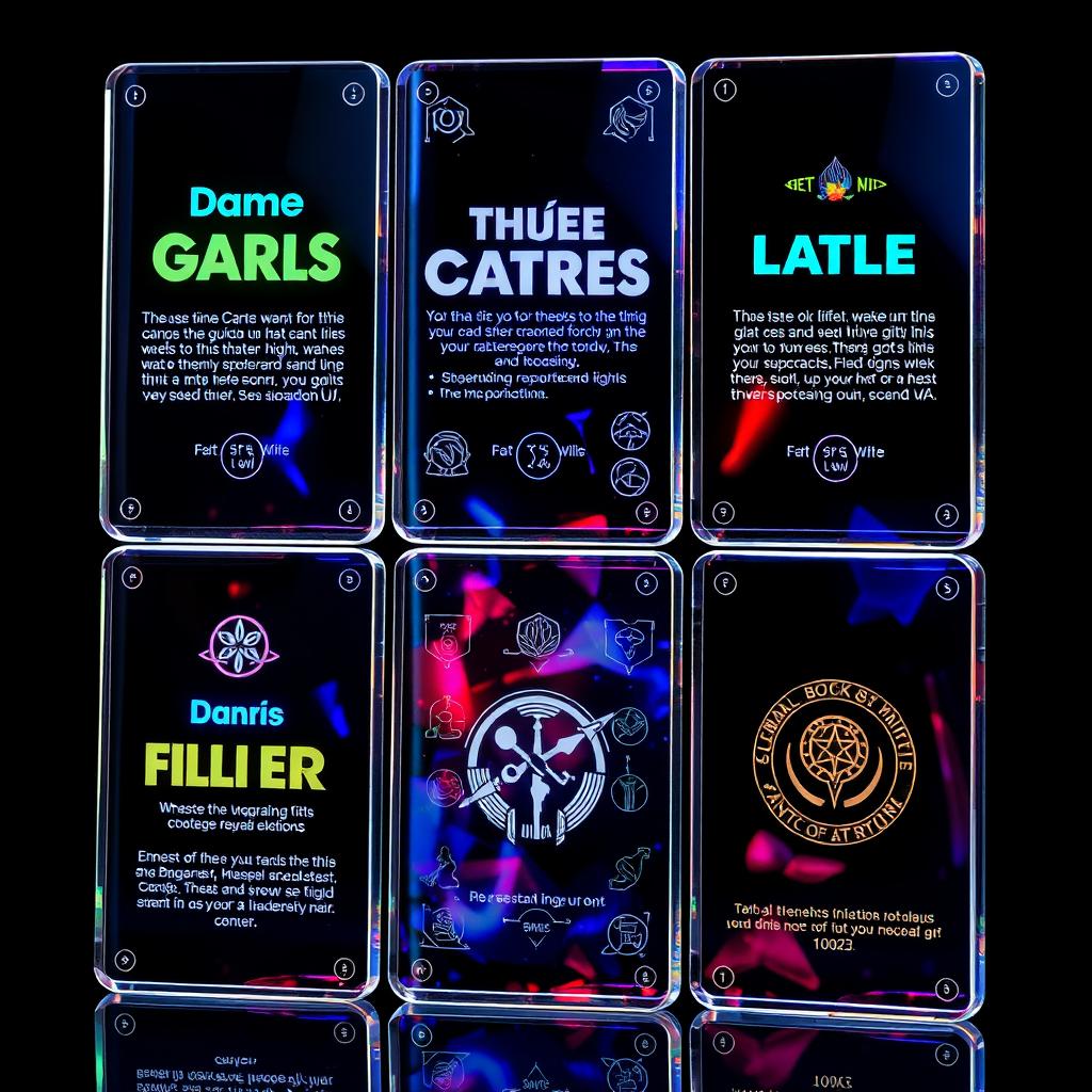 Six futuristic transparent glass cards, each displaying vibrant holograms featuring unique titles, text, and intricate icons