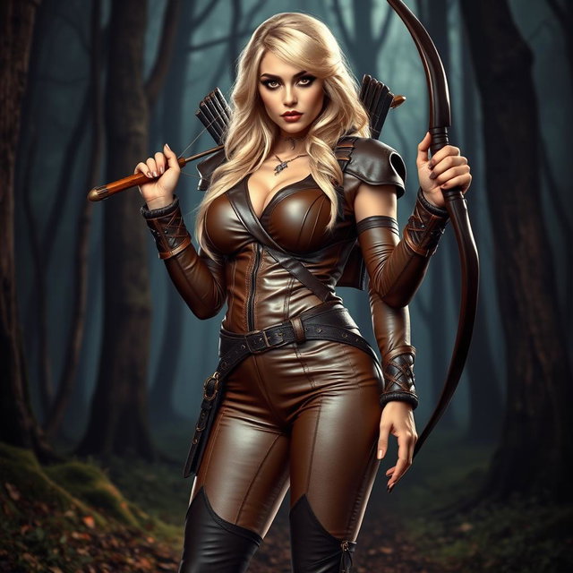 A bright blonde busty female archer scout with very large breasts and stunning amber shining eyes, wearing dark goth makeup