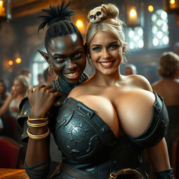 Inside a lively medieval tavern, a captivating scene emerges featuring a young African woman, just 20 years old, with beautifully dark black skin and striking yellowish-red eyes, exuding a fierce and demonic energy