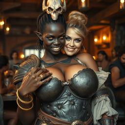 Inside a lively medieval tavern, a captivating scene emerges featuring a young African woman, just 20 years old, with beautifully dark black skin and striking yellowish-red eyes, exuding a fierce and demonic energy