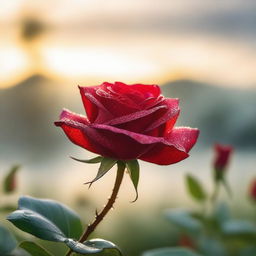 A vibrant red rose with dew drops on its petals, silhouetted against a misty morning sunrise.