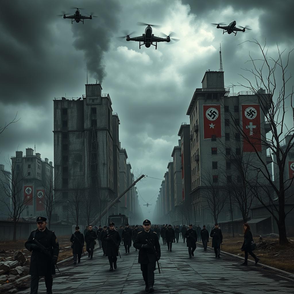 A hauntingly bleak dystopian landscape depicting a dark, totalitarian version of Russia under a Nazi regime