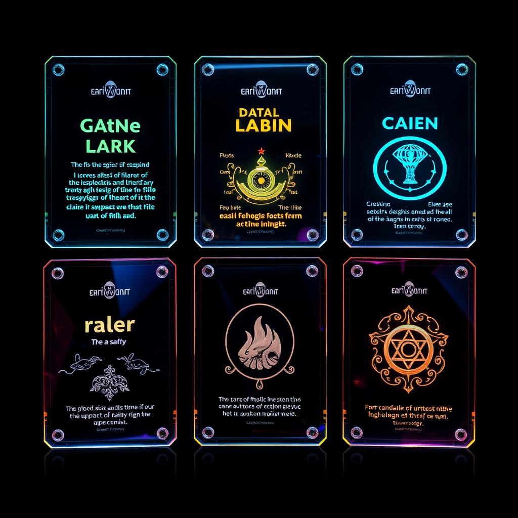 Six futuristic transparent glass cards, each featuring luminous holograms that display unique titles, text, and intricate icons with a stunning visual clarity