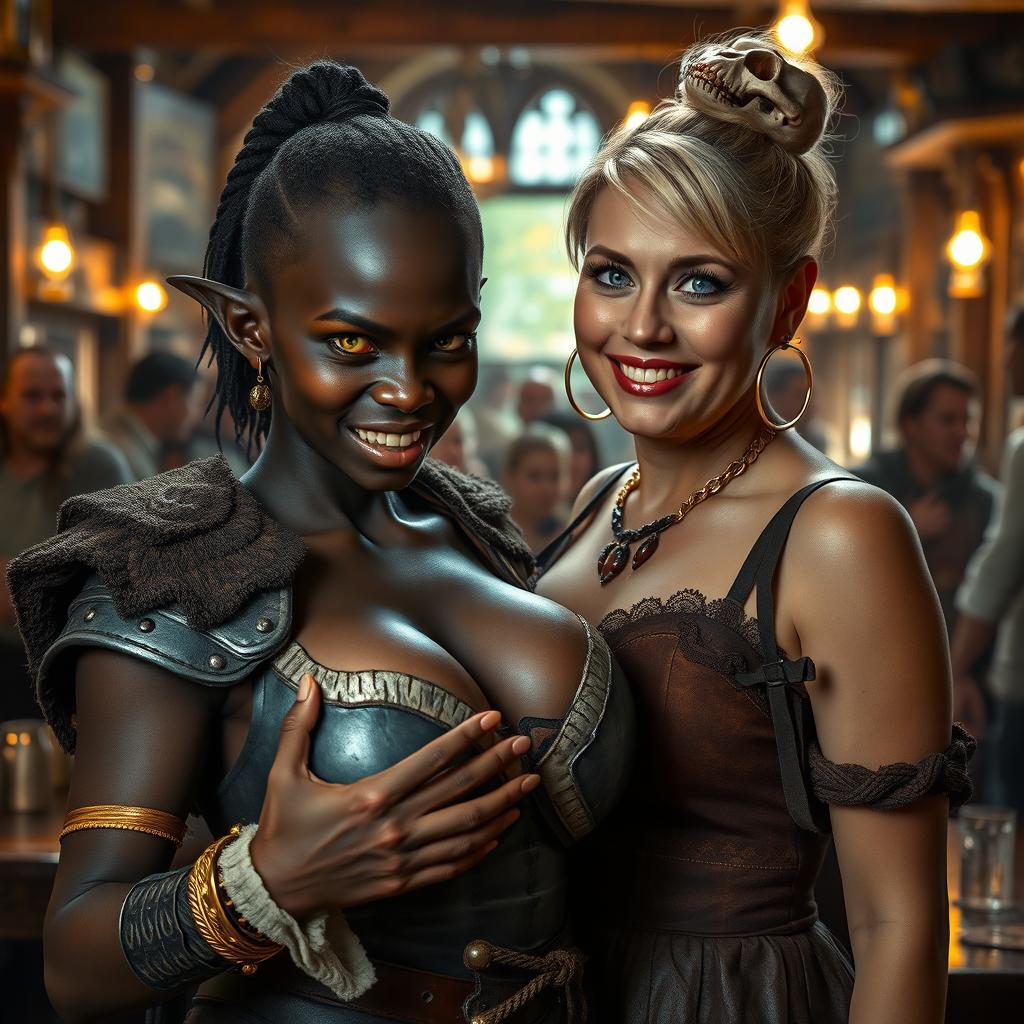 In a bustling medieval tavern, a captivating scene features a young African woman, just 20 years old, with deep black skin and striking yellowish-red eyes, giving off a fierce and demonic presence