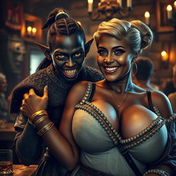 In a bustling medieval tavern, a captivating scene features a young African woman, just 20 years old, with deep black skin and striking yellowish-red eyes, giving off a fierce and demonic presence