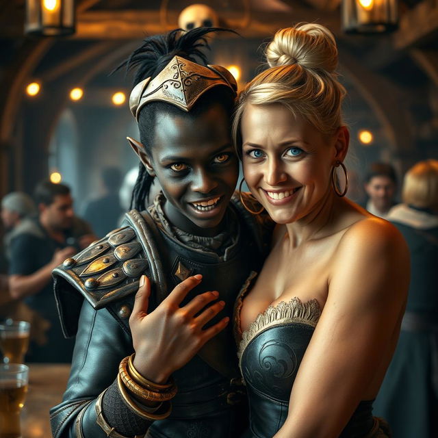 In a bustling medieval tavern, a captivating scene features a young African woman, just 20 years old, with deep black skin and striking yellowish-red eyes, giving off a fierce and demonic presence