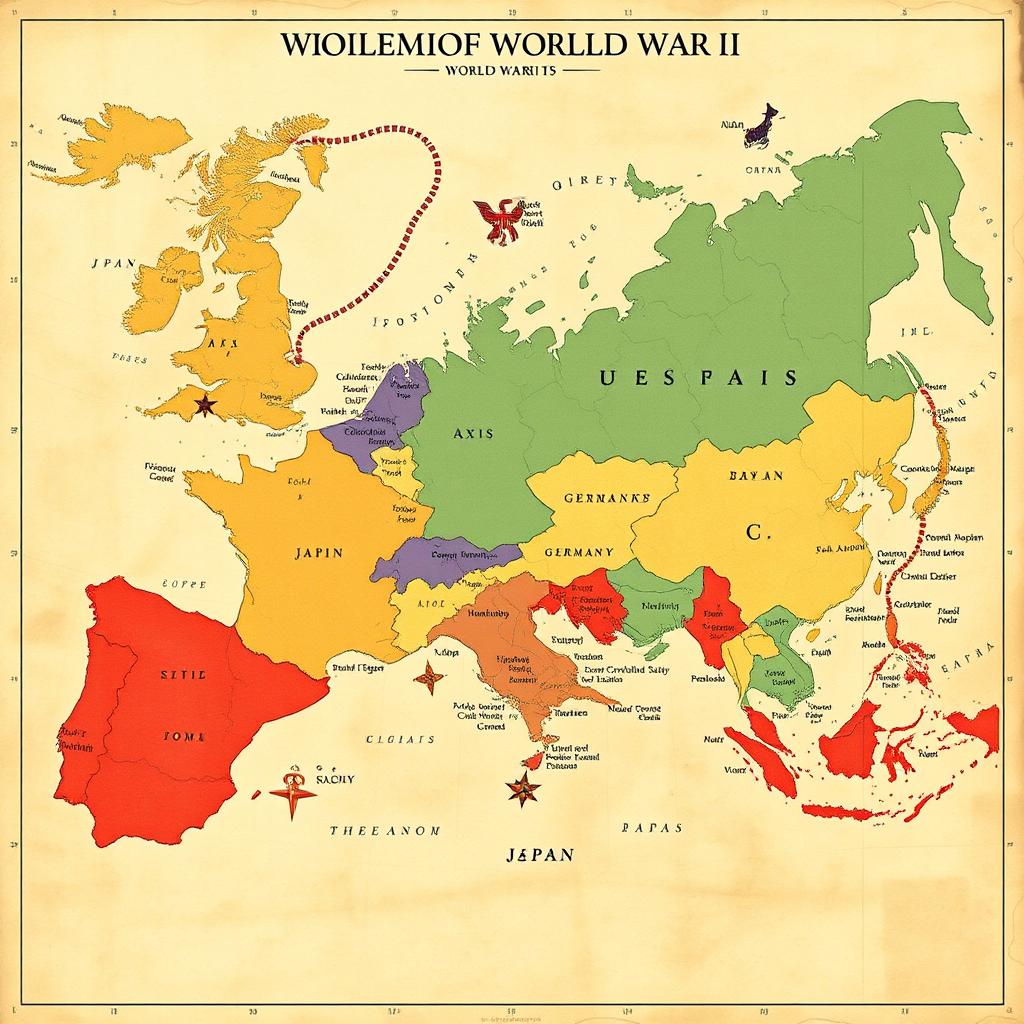 A detailed world map showcasing all the countries involved in World War II