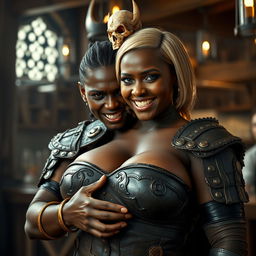 Inside a medieval tavern, a striking scene features a young African woman, just 20 years old, with dark black skin and piercing yellowish-red eyes, radiating a fierce and demonic energy