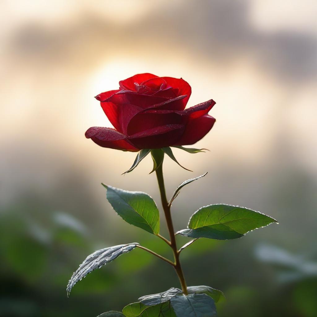 A vibrant red rose with dew drops on its petals, silhouetted against a misty morning sunrise.