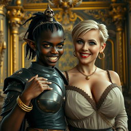 Within an opulent medieval palace, a striking scene unfolds featuring a young African woman, just 20 years old, with rich black skin and vivid yellowish-red eyes that reflect her fierce and demonic aura