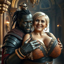 Within an opulent medieval palace, a striking scene unfolds featuring a young African woman, just 20 years old, with rich black skin and vivid yellowish-red eyes that reflect her fierce and demonic aura