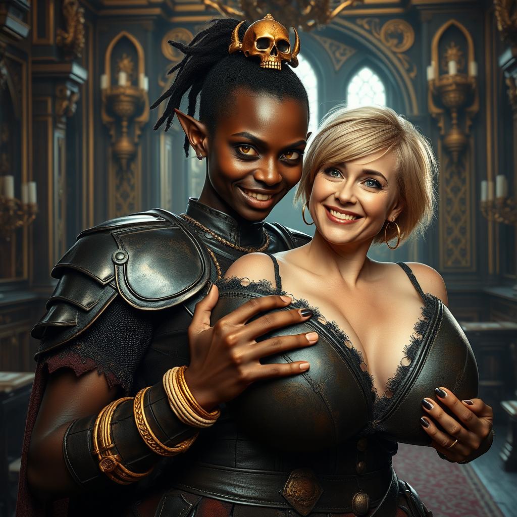 Within an opulent medieval palace, a striking scene unfolds featuring a young African woman, just 20 years old, with rich black skin and vivid yellowish-red eyes that reflect her fierce and demonic aura