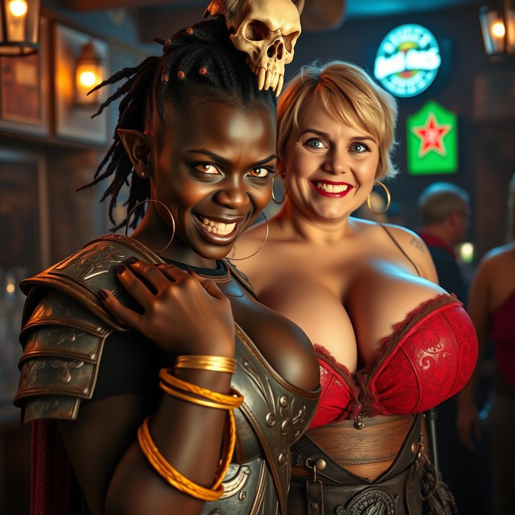 In a vibrant medieval bar, a striking scene unfolds featuring a young African woman, 20 years old, with deep black skin and vivid yellowish-red eyes that reflect her fierce, demonic energy