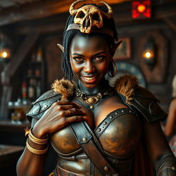 In a vibrant medieval bar, a striking scene unfolds featuring a young African woman, 20 years old, with deep black skin and vivid yellowish-red eyes that reflect her fierce, demonic energy