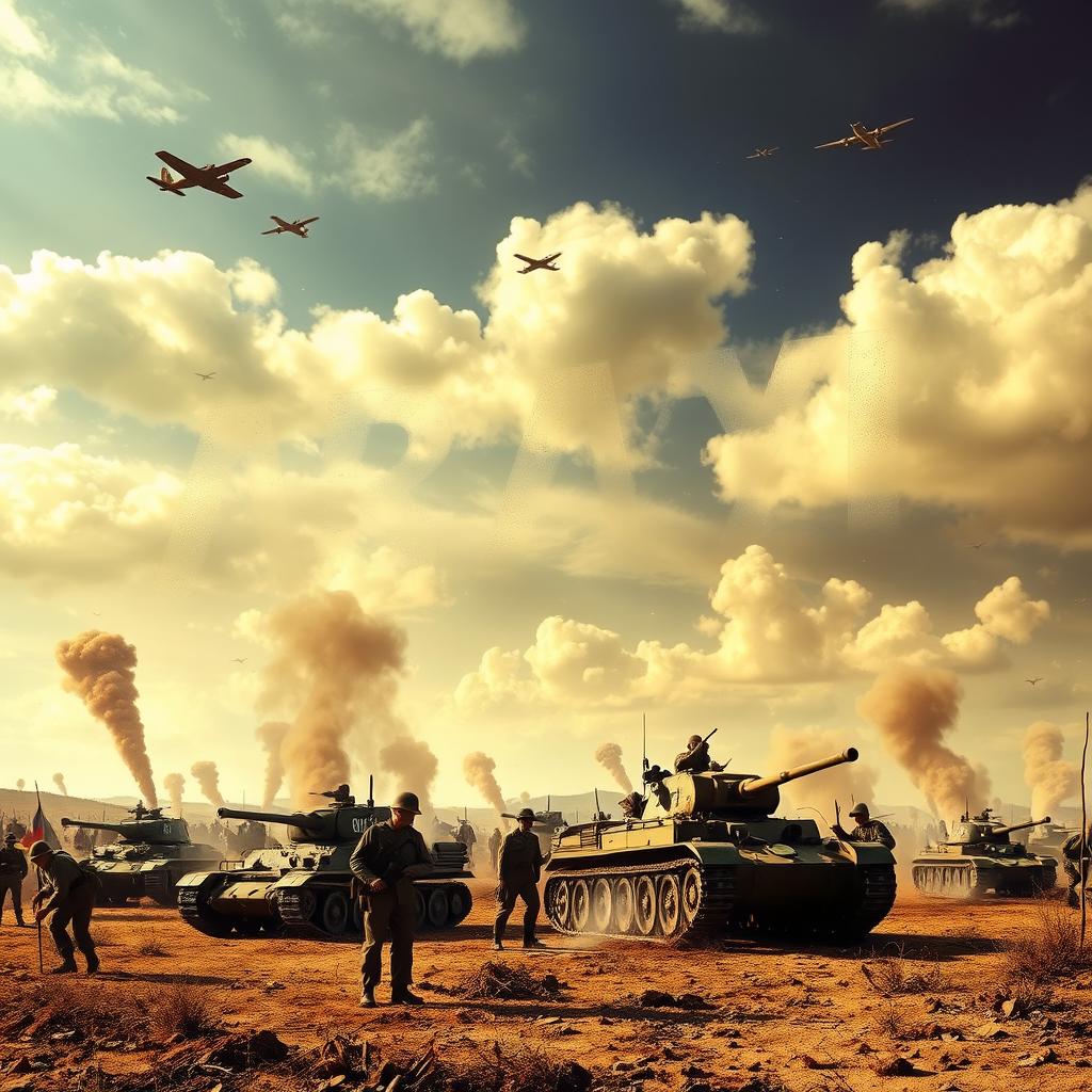 A dramatic depiction of the Second World War, with a battlefield scene that captures the intensity of the era, featuring soldiers in vintage military uniforms, tanks, and planes soaring in the sky