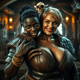 In an ancient medieval tavern, a captivating scene unfolds featuring a young African woman, just 20 years old, with deep black skin and striking yellowish-red eyes, exuding a fierce and demonic presence