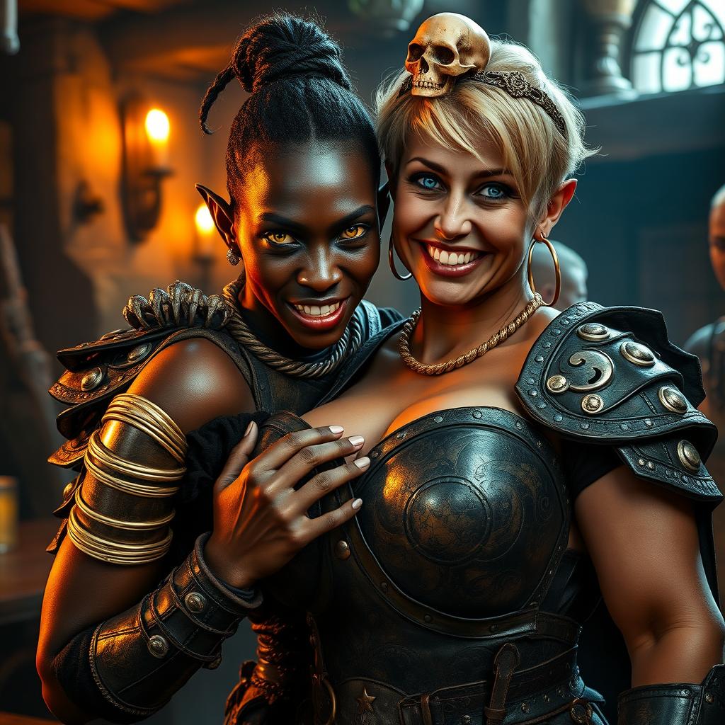 In an ancient medieval tavern, a captivating scene unfolds featuring a young African woman, just 20 years old, with deep black skin and striking yellowish-red eyes that reflect her fierce and demonic essence