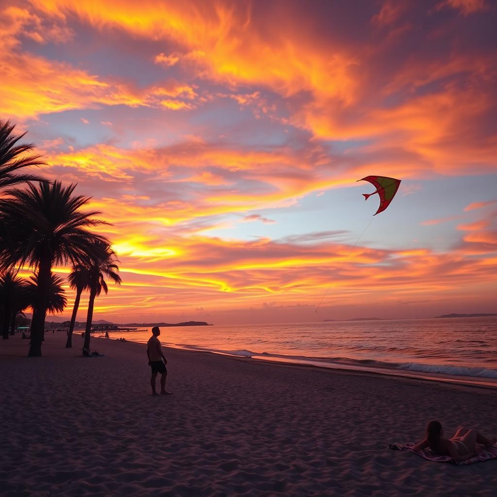 A vibrant sunset over a beautiful Mediterranean coastline, with colorful clouds reflecting shades of orange, pink, and purple in the sky
