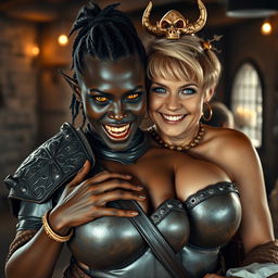 In an ancient medieval tavern, a captivating scene emerges featuring a young African woman, just 20 years old, with deep black skin and striking yellowish-red eyes that convey a demonic aura