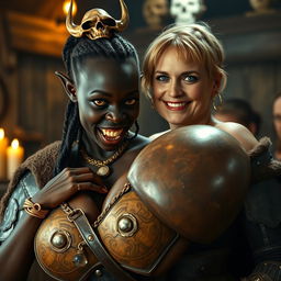 In an ancient medieval tavern, a captivating scene emerges featuring a young African woman, just 20 years old, with deep black skin and striking yellowish-red eyes that convey a demonic aura