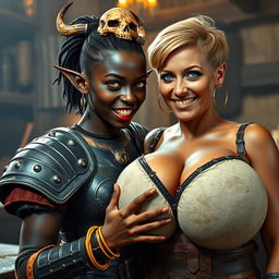 In an ancient medieval tavern, a captivating scene emerges featuring a young African woman, just 20 years old, with deep black skin and striking yellowish-red eyes that convey a demonic aura