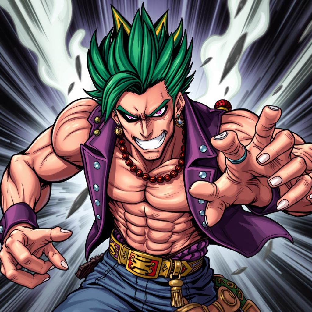 A dynamic character illustration in the distinctive style of JoJo's Bizarre Adventure manga, showcasing exaggerated muscular features, vibrant colors, and expressive facial expressions