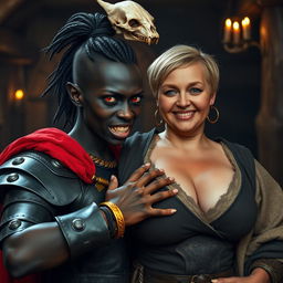 In an ancient medieval tavern, a striking scene features a young African woman, just 20 years old, with deep black skin and intense red eyes that give her a demonic appearance