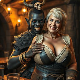 In an ancient medieval tavern, a striking scene features a young African woman, just 20 years old, with deep black skin and intense red eyes that give her a demonic appearance
