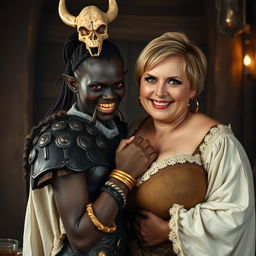 In an ancient medieval tavern, a striking scene features a young African woman, just 20 years old, with deep black skin and intense red eyes that give her a demonic appearance