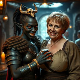 In an ancient medieval tavern, a striking scene features a young African woman, just 20 years old, with deep black skin and intense red eyes that give her a demonic appearance