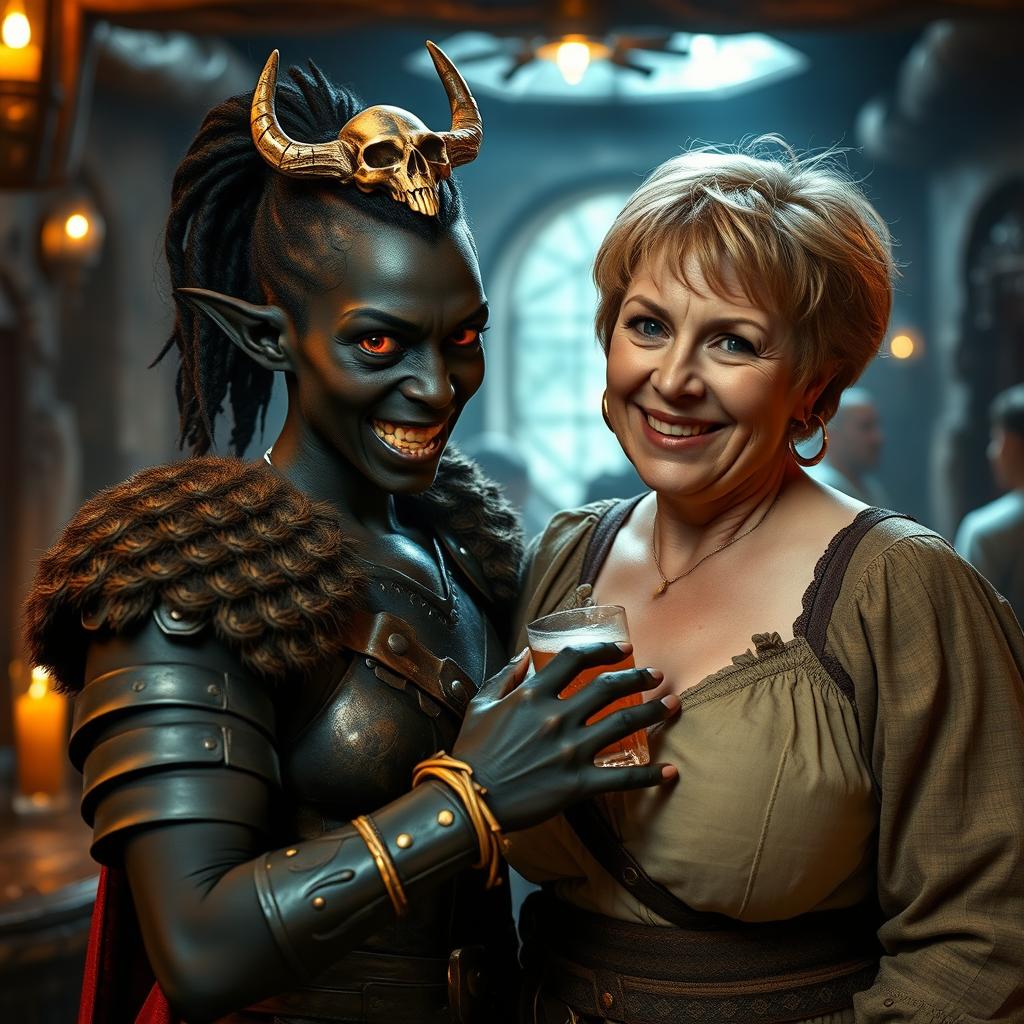 In an ancient medieval tavern, a striking scene features a young African woman, just 20 years old, with deep black skin and intense red eyes that give her a demonic appearance
