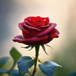 A vibrant red rose with dew drops on its petals, silhouetted against a misty morning sunrise.