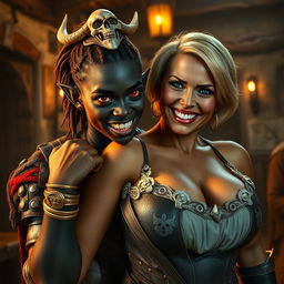 In an ancient medieval tavern, a striking scene unfolds featuring a young African woman, just 20 years old, with deep black skin and fierce red eyes that exude a demonic aura