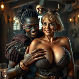 In an ancient medieval tavern, a striking scene unfolds featuring a young African woman, just 20 years old, with deep black skin and fierce red eyes that exude a demonic aura