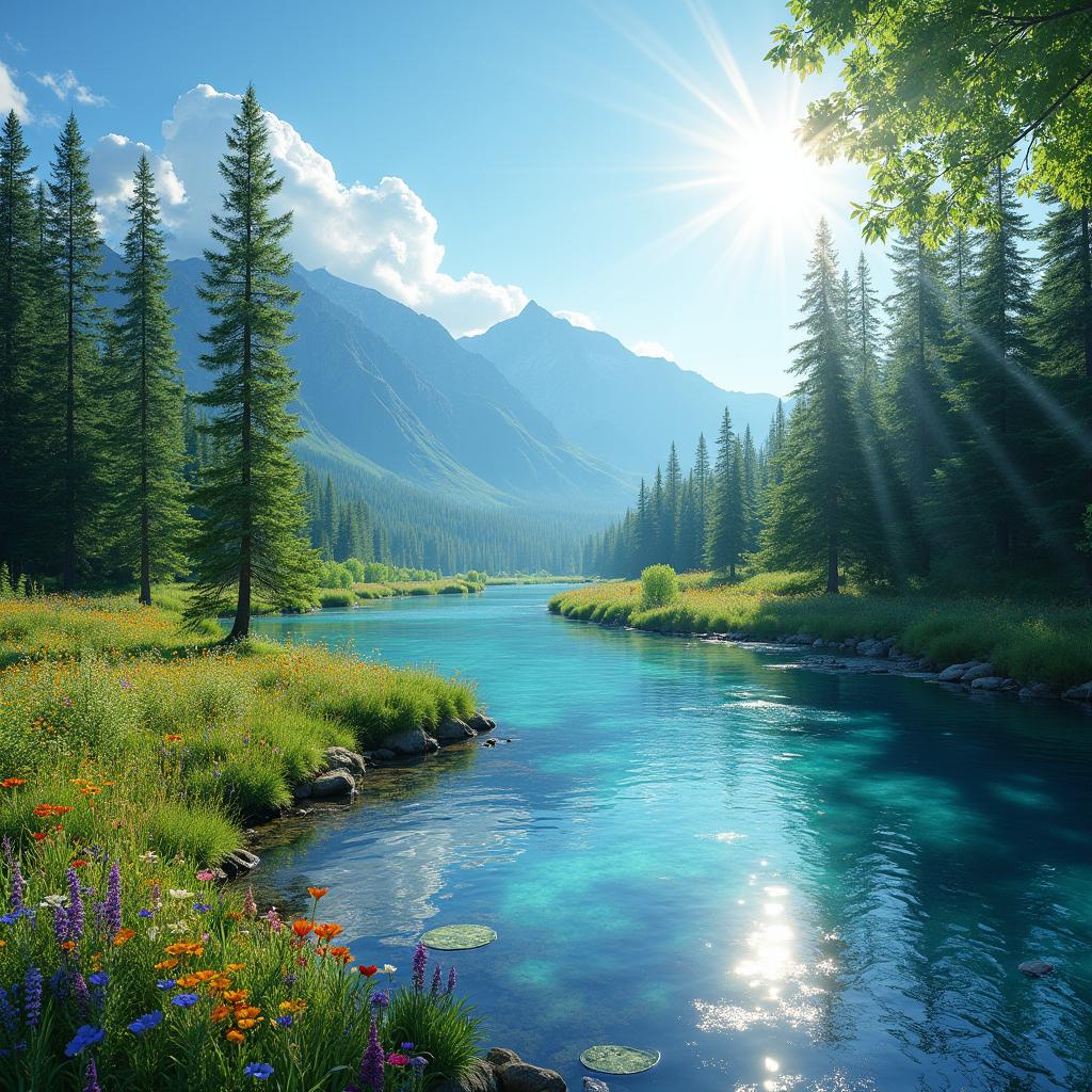 A serene depiction of Siberian nature featuring a crystal-clear river reflecting bright sunlight, surrounded by lush forests and majestic mountains in the background