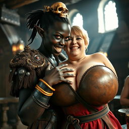 In an ancient medieval tavern illuminated by daylight, a striking scene features a young African woman, 20 years old, with deep black skin and intense red eyes that give her a demonic presence