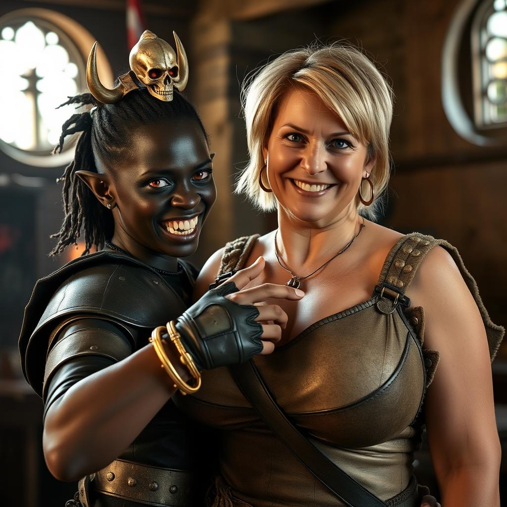 In an ancient medieval tavern illuminated by daylight, a striking scene features a young African woman, 20 years old, with deep black skin and intense red eyes that give her a demonic presence