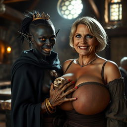 In an ancient medieval tavern under the light of day, a striking scene unfolds featuring a young African woman, 20 years old, with deep black skin and fierce red eyes that project a demonic aura