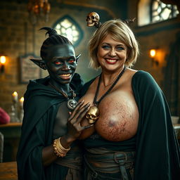 In an ancient medieval tavern under the light of day, a striking scene unfolds featuring a young African woman, 20 years old, with deep black skin and fierce red eyes that project a demonic aura